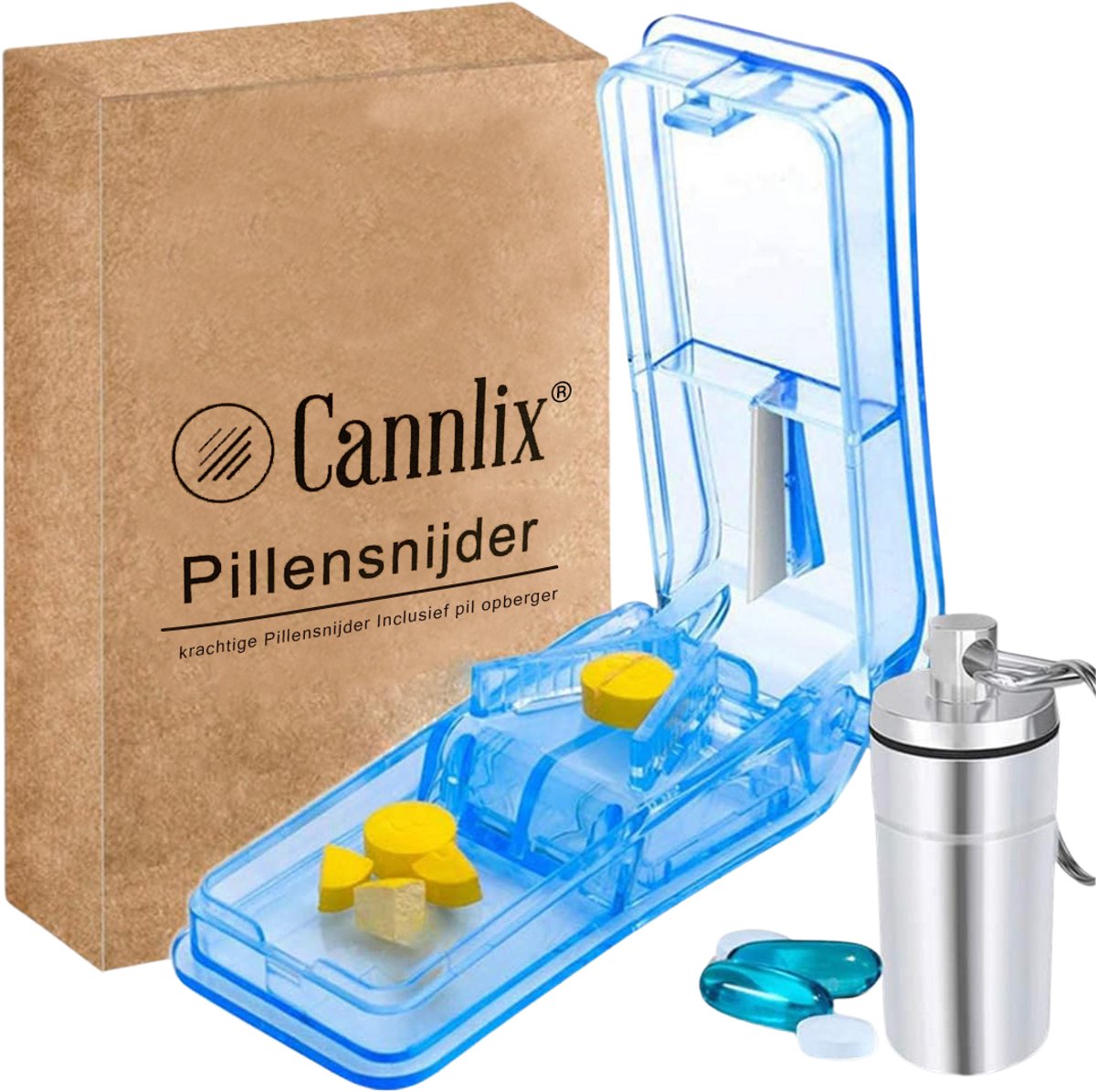Goedkoopste Cannlix Pillensnijder - Pillendoosje - Pillensplijter - Geschikt voor harde pillen - kleine en grote pillen - Set - Blauw