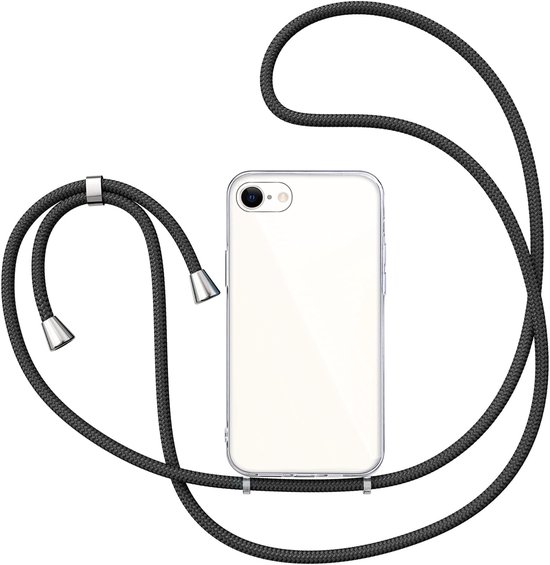 Hoesje met Koord geschikt voor iPhone 16e / 17e - Back Cover Siliconen Case Transparant Hoes Zwart