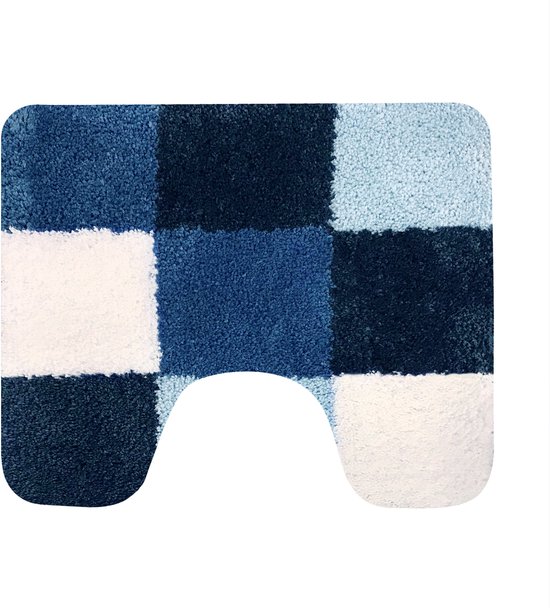 Blauwe en witte toiletmat met wisselend blokpatroon en uitsparing