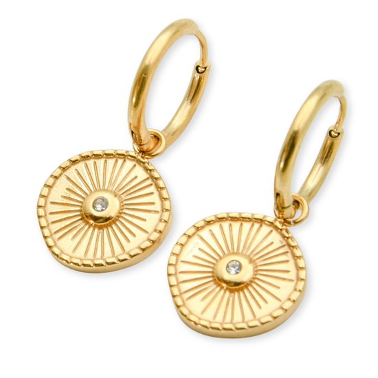 Marama - Oorbellen Lily - stainless steel - 18k goud - nikkelvrij - zirkoontje - reliëf - cadeau - goudkleurig - damesoorbellen - rond