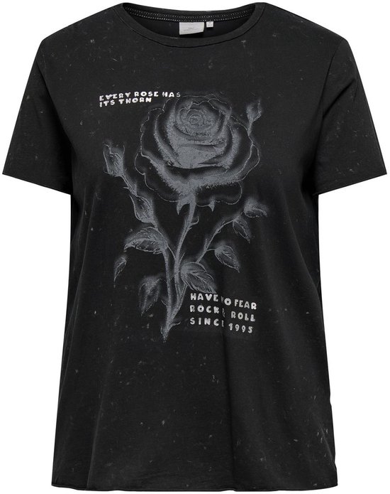ONLY CARMAKOMA CARMIKO LIFE WASHED SS REG TEE JRS Dames T-shirt - Black Every Rose Has It´S Thorn