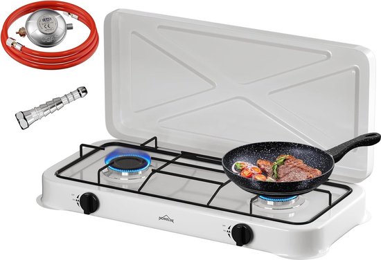 IBBO® – Homelux – Gas kooktoestel 2 pits – Campingkooktoestel – Vrijstaande Gaskookplaat – incl.1.5 m Gasslang en drukregelaar 50 mbar – Wit