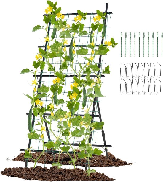 COSTWAY Komkommer Klimhulp, A-vormig, rankrooster met tuinnet en clips, plantenhouder van metaal, plantensteun voor klimplanten, bloemen, groenten, plantenspalier zwart (78 x 65 x 187 cm)