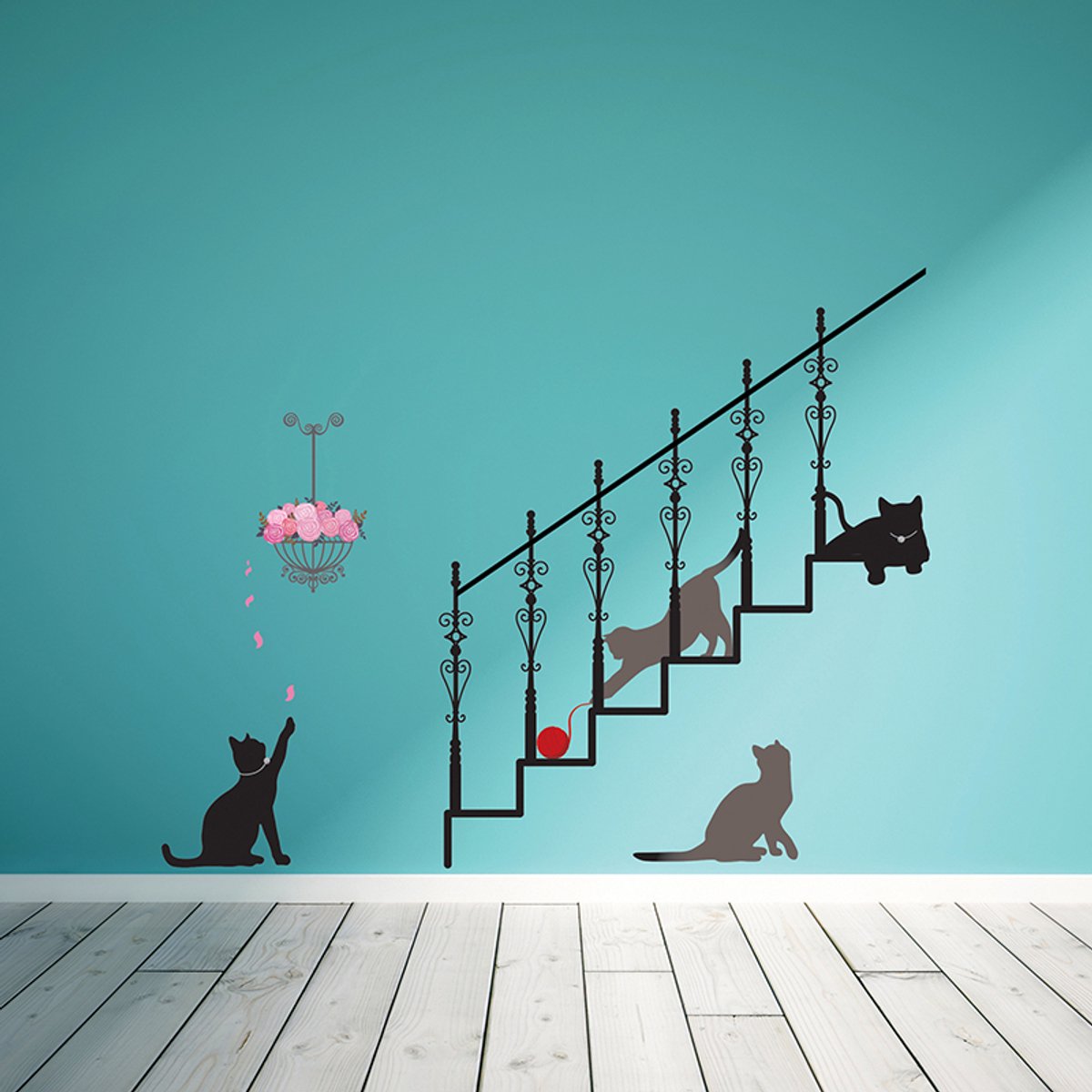 Ambiance Sticker Decoratieve muurstickers met afbeeldingen van katten, trappen en rozenblaadjes. Multi color