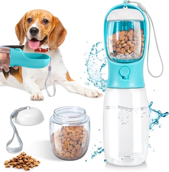 Draagbare 2-In-1 Honden Waterfles - Honden Waterfles 550ml - Voeropslag 100gram - Drinkfles - Drinkbak - Honden Bidon - Honden Fles Water - Honden Drinkfles - Bidon/Fles - Honden/Katten/Huisdieren Drinkfles - Waterfles - Voedselcontainer - Outdoor