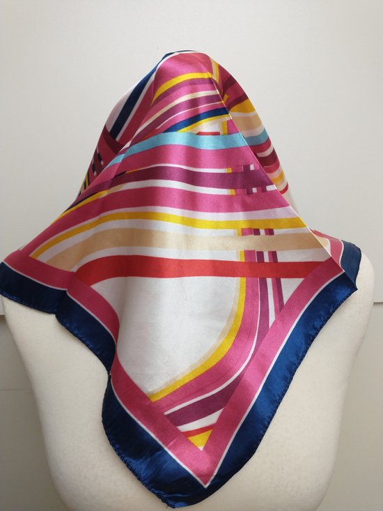 Vierkante dames neksjaal Bente-fantasiemotief-donker blauw wit fuchsia geel beige rood bordeaux roze turquoise-50x50