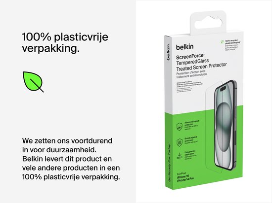 Belkin screenprotector verpakking van gerecycled plastic, met iPhone 15.