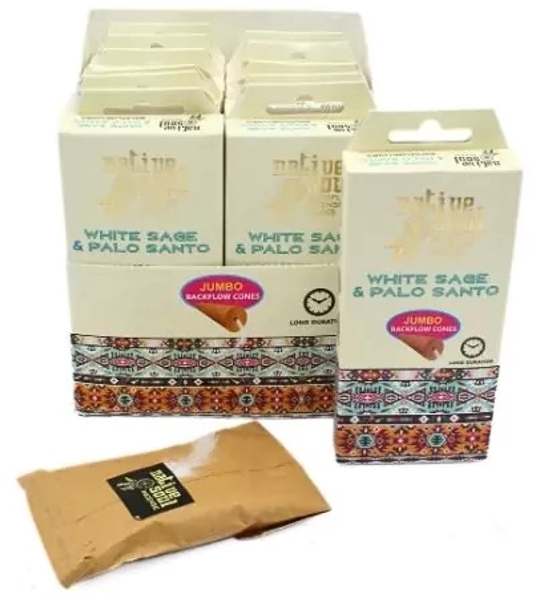 Native Soul - backflow wierook - wierookkegels - witte salie palo santo - doos 12 pakjes