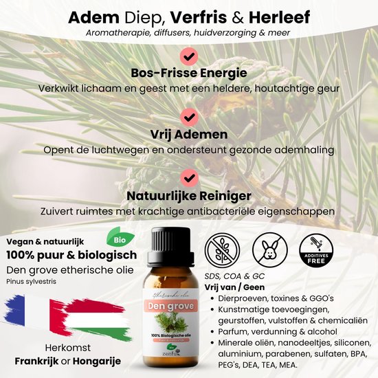 Bruine glazen fles met zwarte dop, label 'Den grove'. Verpakking met tekst 'Adem Diep, Verfris & Herleef' en dennentakjes.