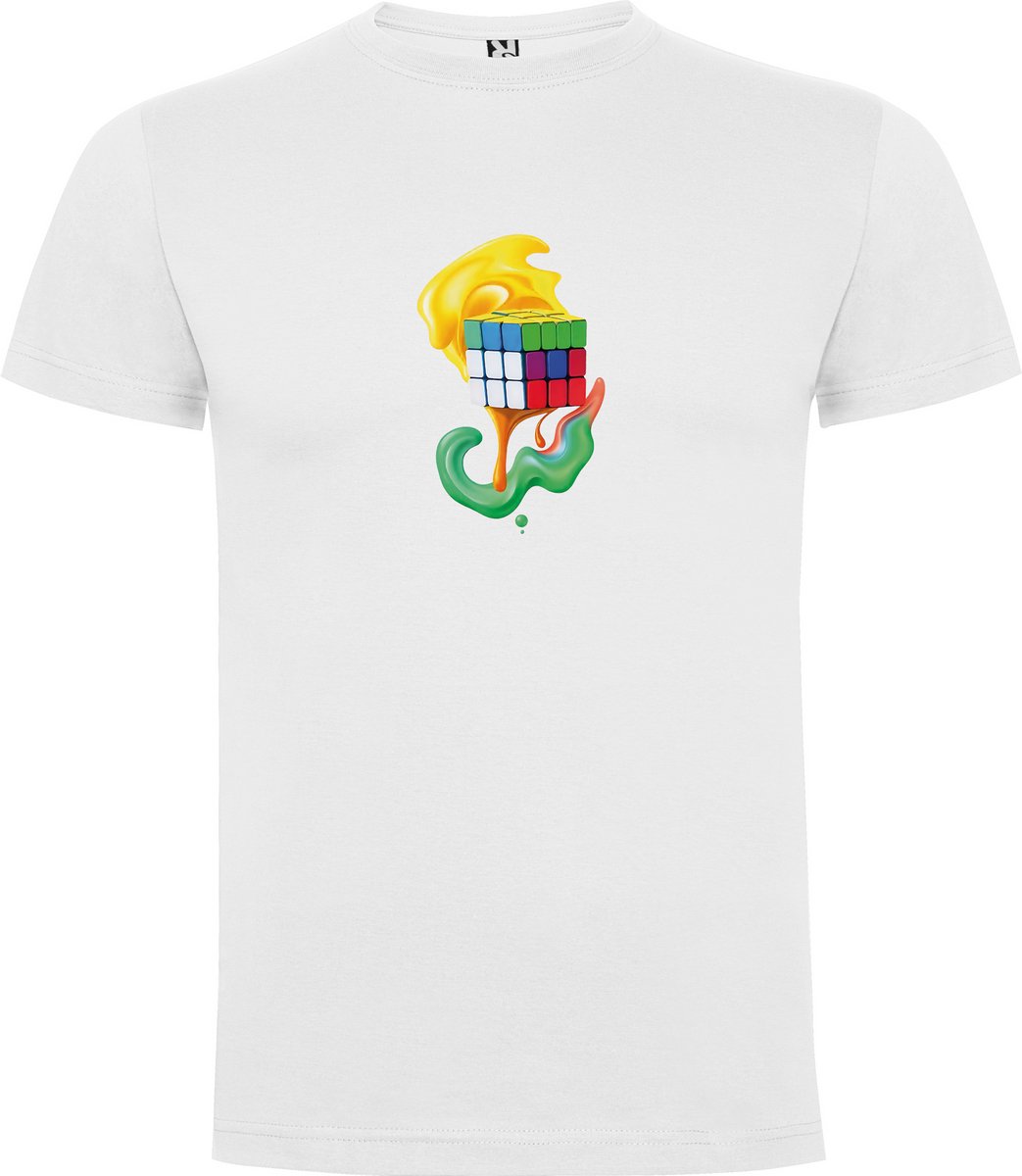 Wit T-Shirt met “Kleurrijke DE Kubus – Puzzel – Rubik - Retro – 80's “ Print Full Color Maat L