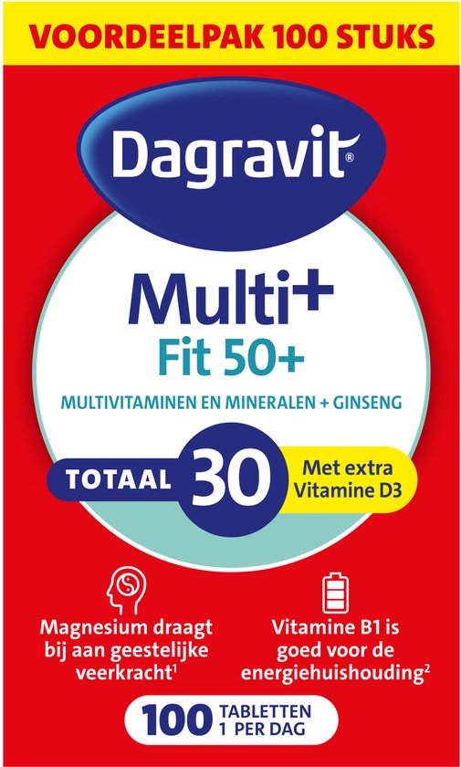 Verpakking Dagravit Multi+ Fit 50+ met 100 tabletten. Multivitaminen en mineralen met ginseng.