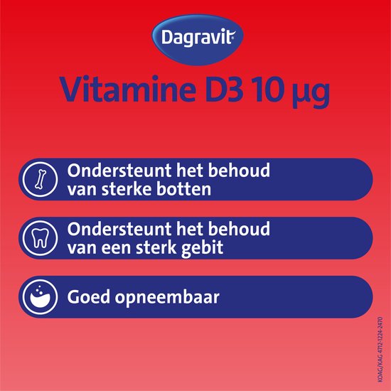 Dagravit Vitamine D 10µg parels - Ondersteunt het behoud van sterke botten en een sterk gebit - Goed opneembaar door de oliebasis - 100 parels