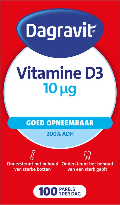 Dagravit Vitamine D 10µg parels - Ondersteunt het behoud van sterke botten en een sterk gebit - Goed opneembaar door de oliebasis - 100 parels