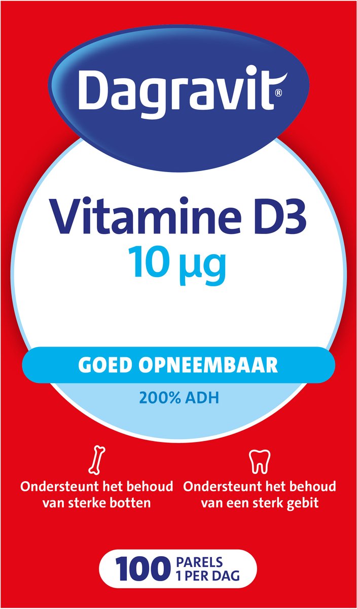 Goedkoopste Dagravit Vitamine D 10µg parels - Ondersteunt het behoud van sterke botten en een sterk gebit - Goed opneembaar door de oliebasis - 100 parels