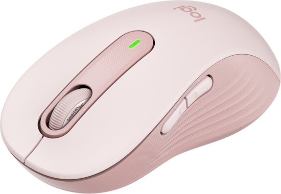 Roze Logitech M650 L draadloze muis met een scrollwiel en een groene indicatorlampje.