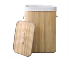 Ceruzo Bamboe Wasmand met Deksel - 72L - Bamboe - Binnenzak Wasbaar - Wassorteerder - Handvaten-Naturel