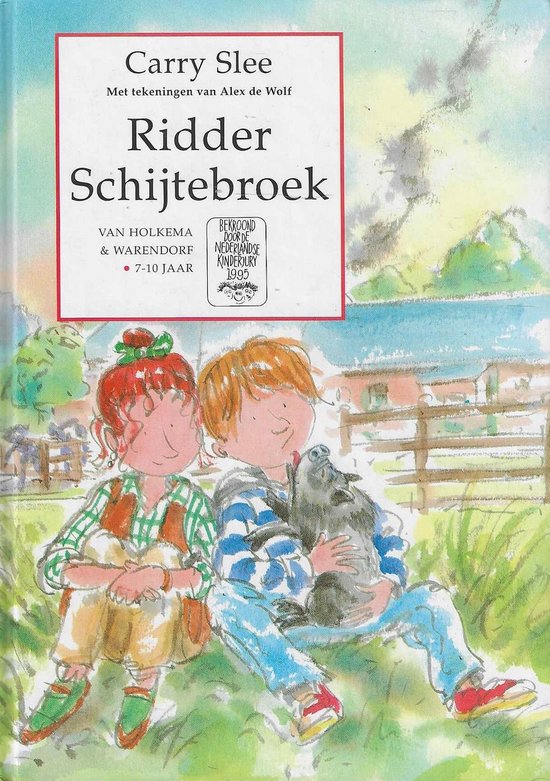 Twee kinderen, een meisje en een jongen, zitten buiten met een dier. De titel is 'Ridder Schijtebroek'.