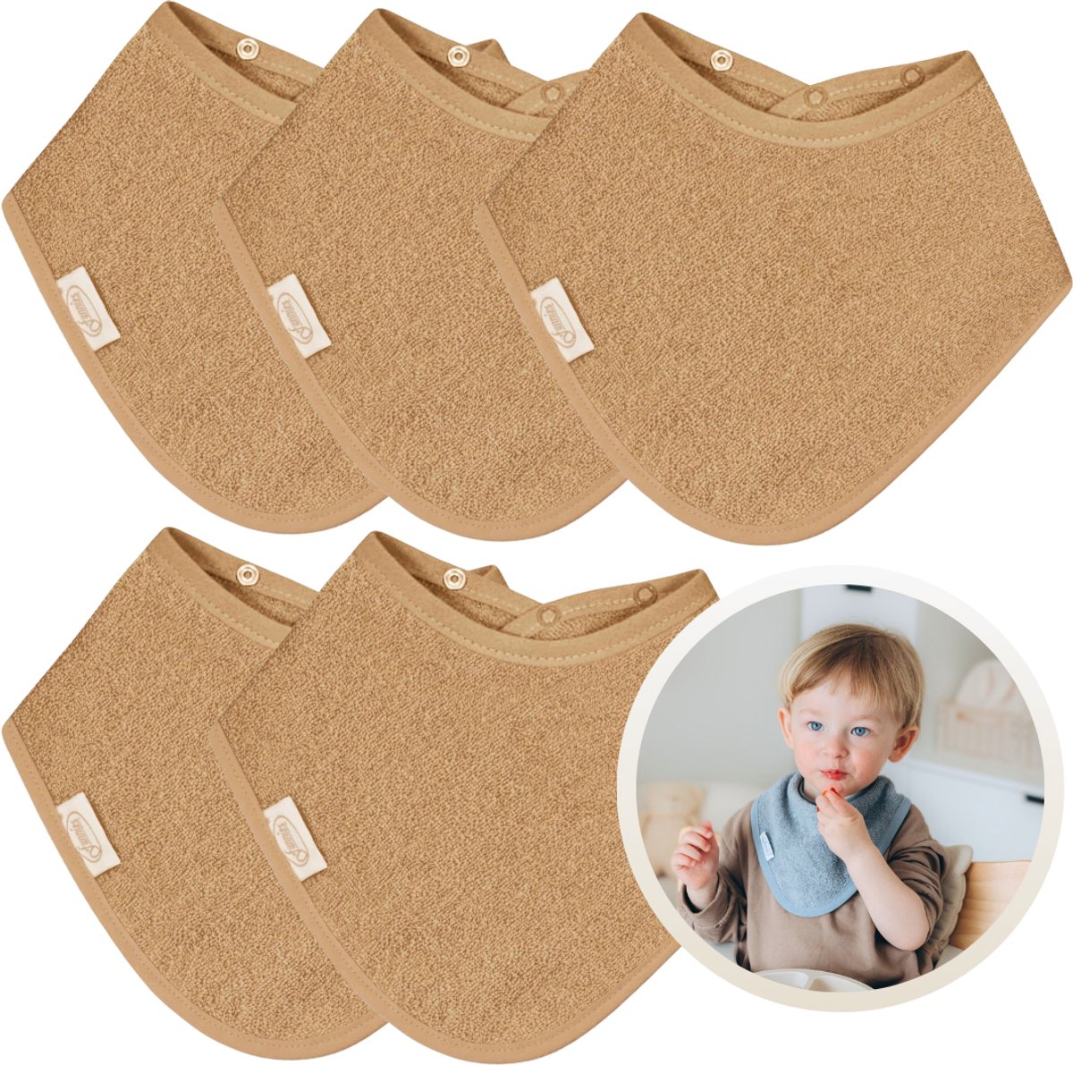 Funnies Bandana Slabbetjes 5 Stuks Sand - Set van 5 Zachte Slabbetjes - Kwijldoekjes - Spuugdoekjes - Gemaakt van 100% Katoenen Badstof - Absorberend, Zacht en Makkelijk Wasbaar - Ideaal voor Baby’s bij Voeden, Kwijlen en Spugen