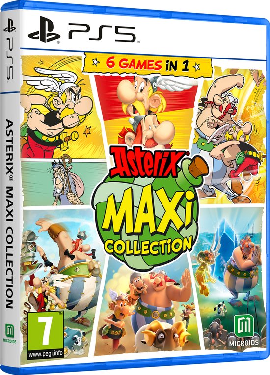 Playstation 5 speldoos voor Asterix Maxi Collection, met 6 games en Asterix en Obelix.