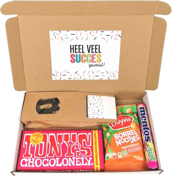Cadeaupakketje "Heel veel succes gewenst" brievenbus cadeau - Dropmix - Tony Chocolonely - Borrelnootjes - Mentos fruit - succes cadeau - Examen - Nieuwe baan - Rijbewijs - Operatie - Nieuwe uitdaging - Nieuwe woning - Succes en Geluk
