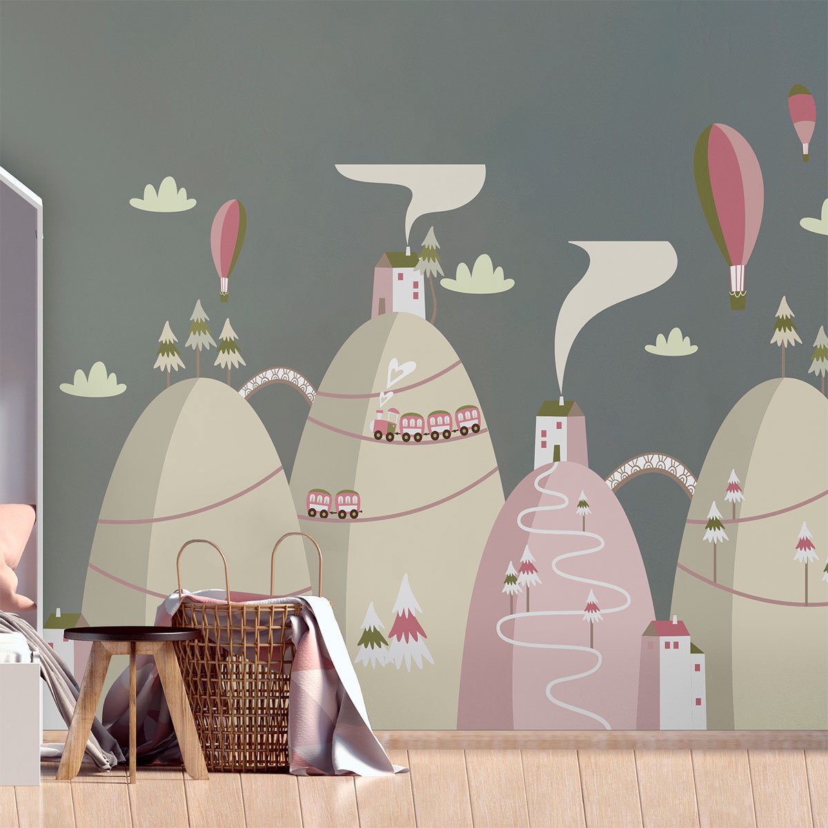 Ambiance Sticker Scandinavische bergstickers met fantastische heteluchtballonnen, 100 x 150 cm Multi color