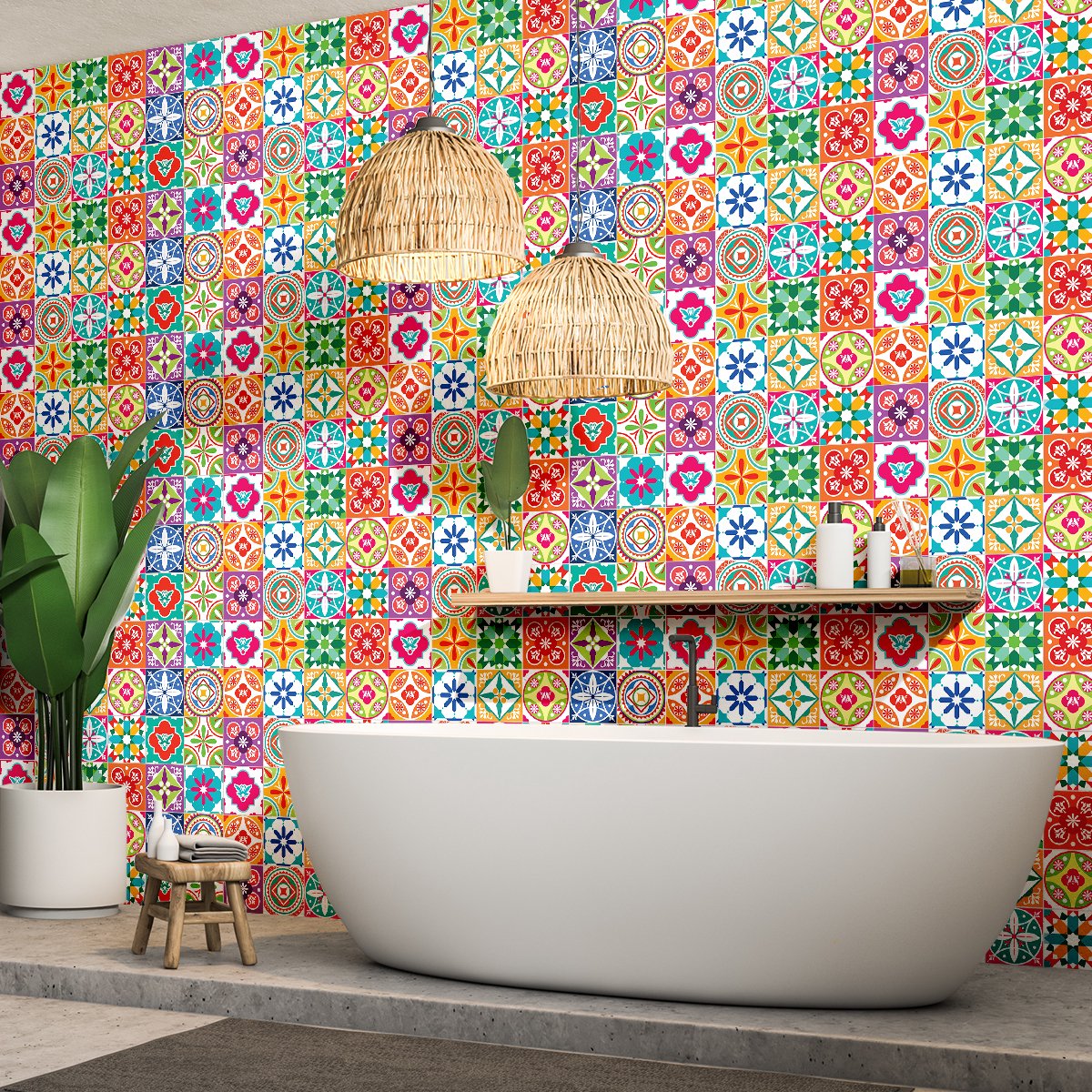 Ambiance Sticker Zelfklevende tegelmuurstickers voor keuken en badkamer - 60 cementtegelstickers, Azulejos Claria - 60 stickers, 10x10cm Multi color