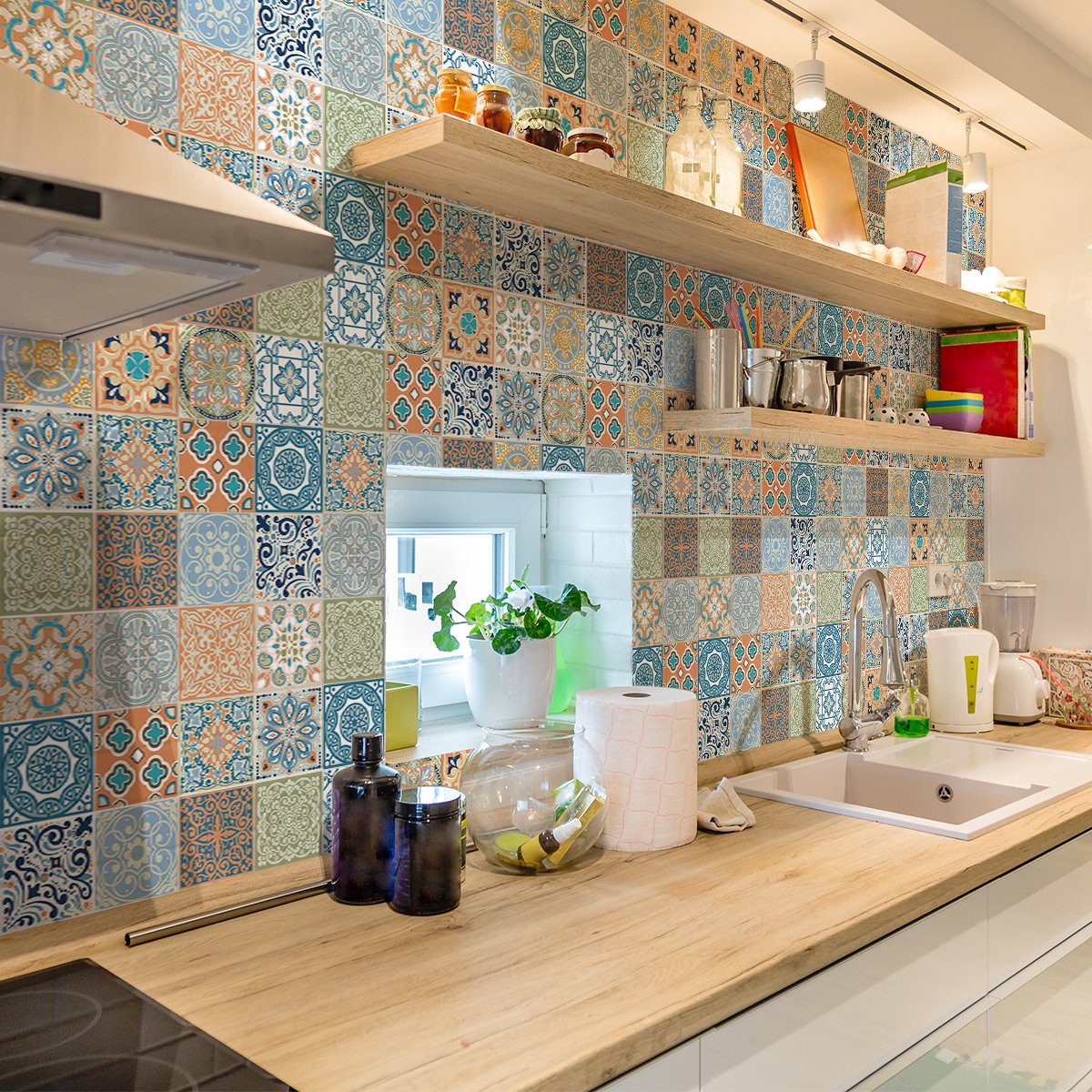 Ambiance Sticker Zelfklevende tegelmuurstickers voor keuken en badkamer - 60 cementtegelstickers, Azulejos Donitoni - 60 stickers, 20x20cm Multi color