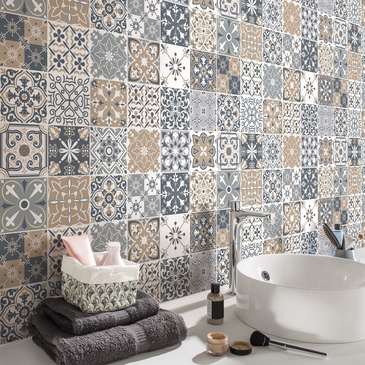 Ambiance Sticker Zelfklevende tegelmuurstickers voor keuken en badkamer - 24 cementtegelstickers, Azulejos Bruniona - 24 stickers, 10x10cm Multi color