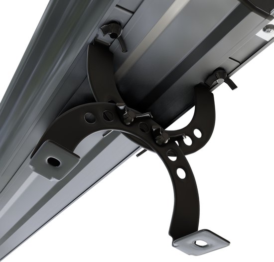 Detail van de montagedetails van een zwarte VOLT! terrasverwarmer met gebogen steunen.