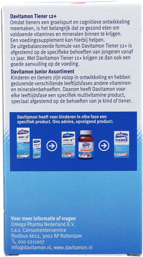 Achterkant van de Davitamon Tiener verpakking met productinformatie en assortiment.