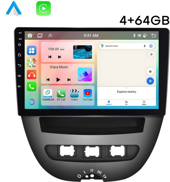 Boscer® Autoradio - Geschikt voor Peugeot 107, Toyota Aygo & Citroen C1 - Android 13 - 8-Core 4+64GB - Apple Carplay & Android Auto (Draadloos) - 10.1 Inch HD IPS Touchscreen - Bluetooth - GPS Navigatiesysteem - AHD Achteruitrijcamera - 2025 Model