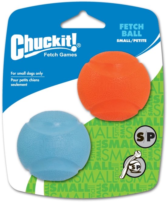 Chuckit! Fetch Ball Small speelgoedballen, een oranje en een lichtblauwe bal.
