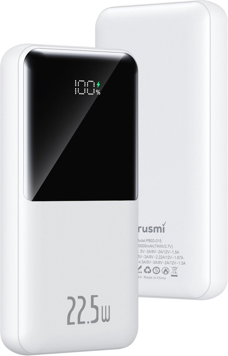 Trusmi PB03-15 Powerbank 22.5W 20000mAh - Wit- Snelladen voor Telefoon, Tablet & Meer