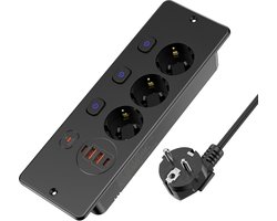 StayPowered Inbouwstekkerdoos - Bespaar Ruimte en Laad Slim Op - 3 Stopcontacten - 2 USB - 2 USB-C - 4000W Vermogen - Uitschuifbaar Ontwerp - 3 Individuele Schalelaars - Zwart - Levering Sneller dan Aangegeven!