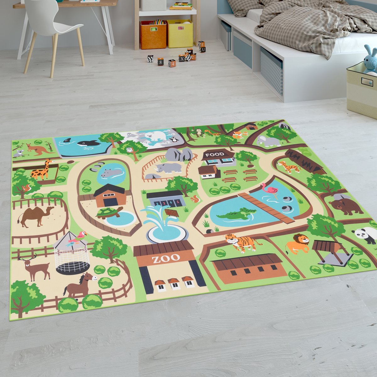 Flycarpets Binola Kindervloerkleed Groen / Kleurrijk - 100x200 cm - Speelkleed / Speelmat Dierentuin - Laagpolig Vloerkleed Kinderkamer