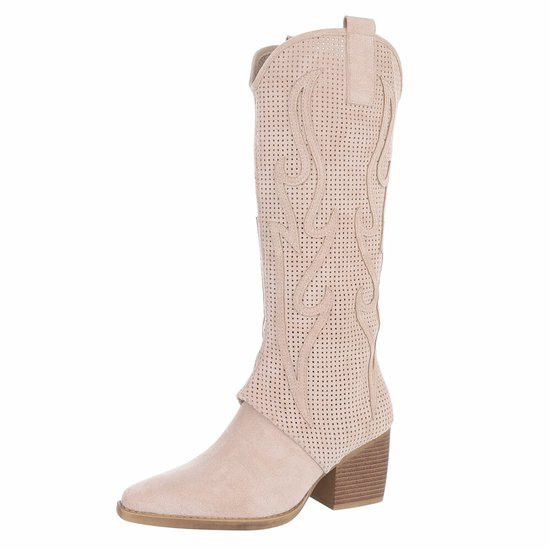 Botte de cowboy en suédine beige avec perforations, fermeture éclair et talon bloc.