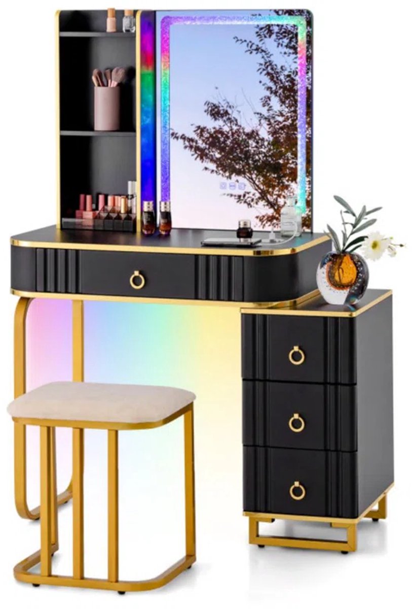 GranMaison Kaptafel met spiegel en verlichting - Make up tafel - Make up - Toilettafel - Met lades - Zwart