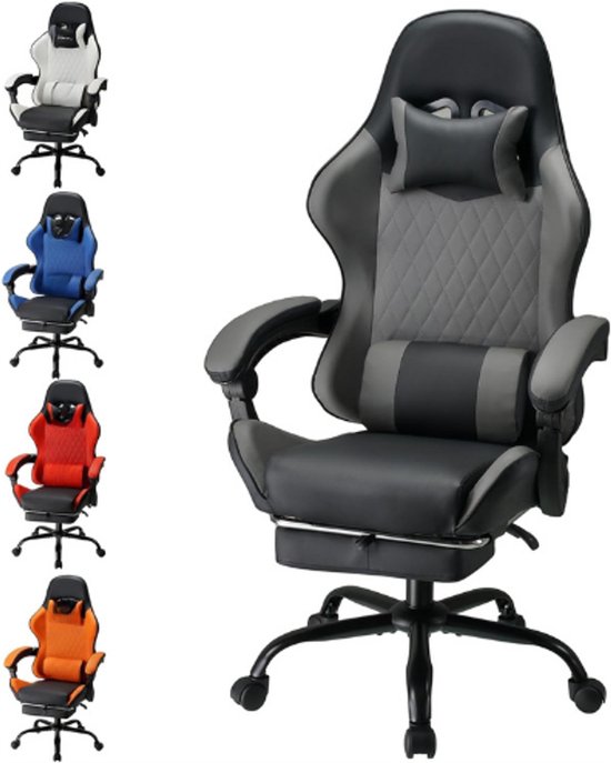 Play haha.Gaming stoel Bureaustoel Draaistoel Computerstoel Werkstoel Bureaustoel Ergonomische stoel Racestoel Leren stoel Videogamestoelen (Grijs, met voetsteun