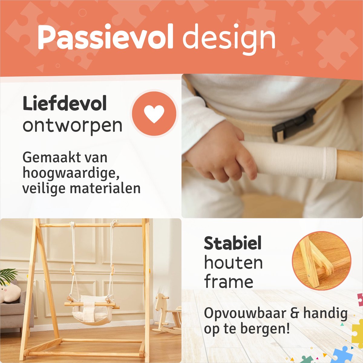 Houten Babyschommel - Met Schommelstoel - 6 tot 36 maanden - Inklapbaar - Baby Swing - Baby - Wipstoel Baby - Baby Zitje - Dennenhout - Houten Speelgoed – foto 7