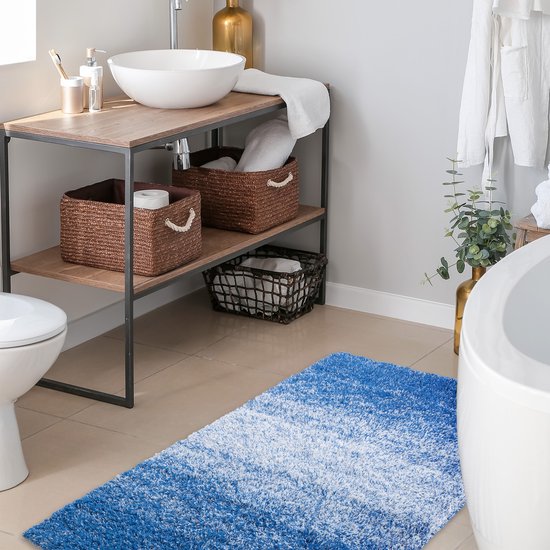 Tapis de Badmat Casa Pura - Wave - Antidérapant et Séchage Rapide - Blauw/ Wit - 70 x 100 cm