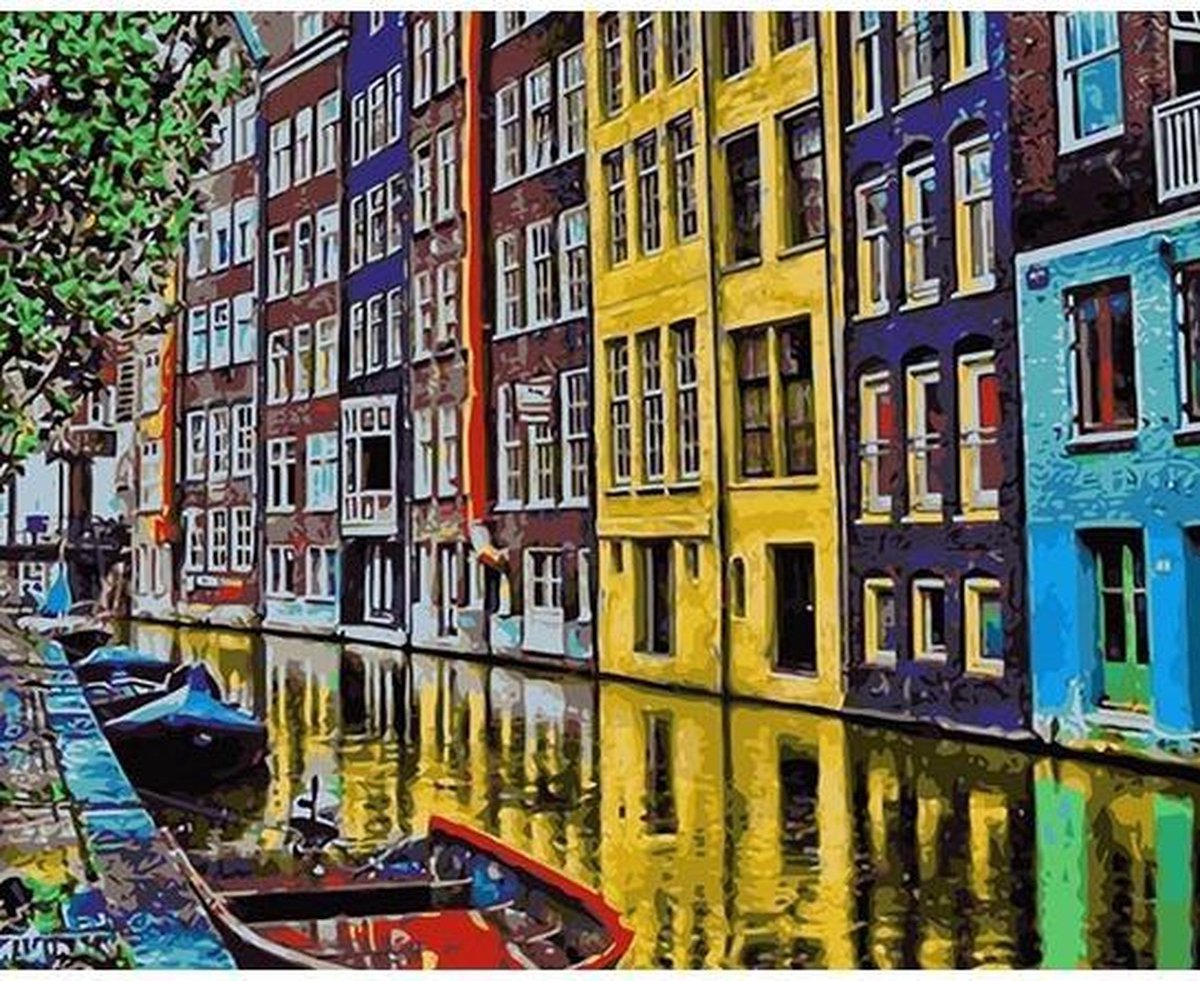 Schilderenopnummers.com® - Schilderen op nummer volwassenen - Gracht met panden - 50x40 cm