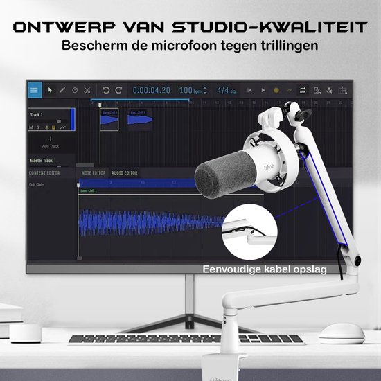 Witte microfoon met zwarte windkap op een witte verstelbare microfoonarm, in de buurt van een computer en opname software.