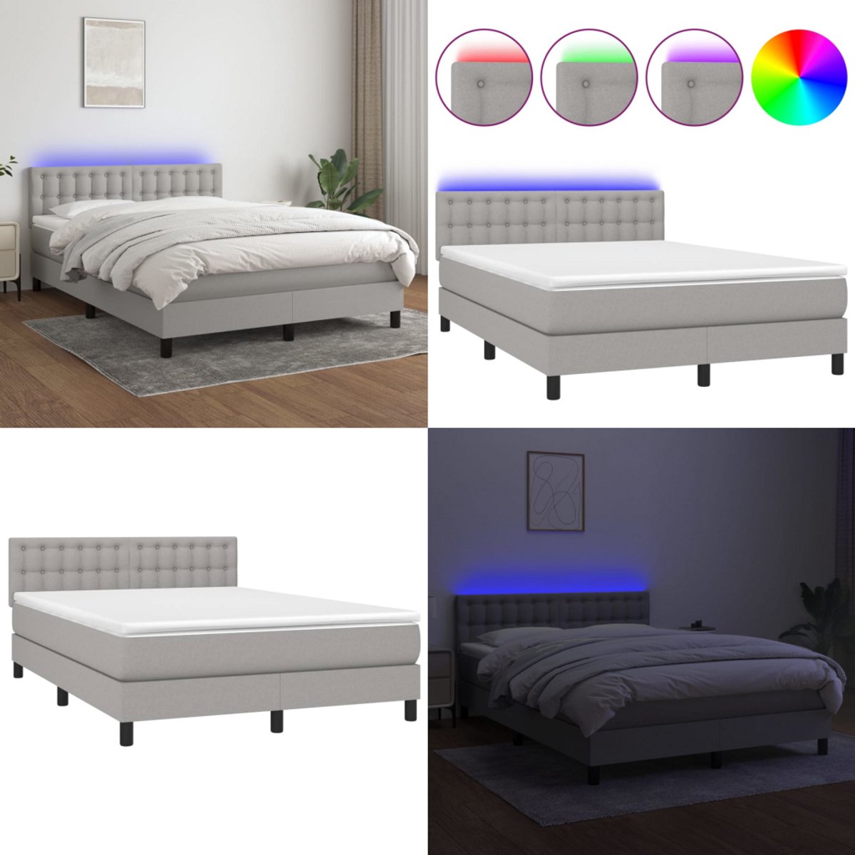 vidaXL Boxspring met matras en LED stof lichtgrijs 140x200 cm - Boxspring - Boxsprings - Bed - Slaapmeubel
