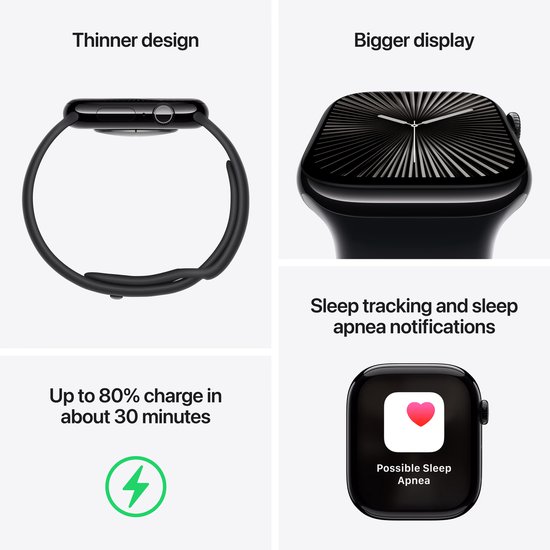 Apple Watch Series 10 - Wifi - 46mm - Zwarte Aluminium Case met Zwart Sportbandje - M/L