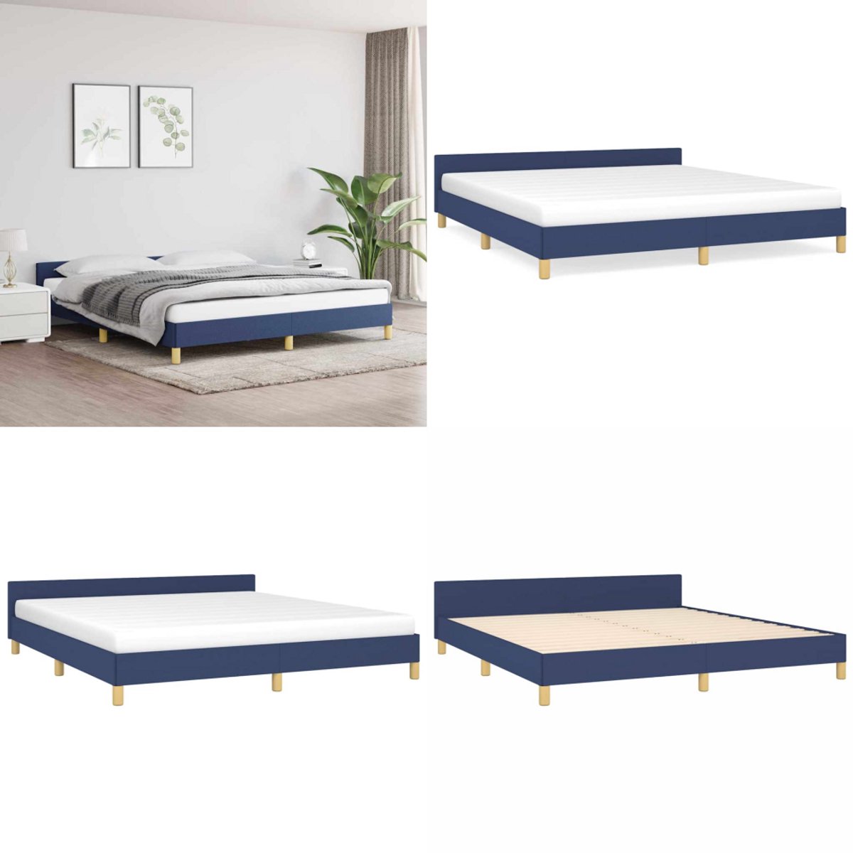 VidaXL Lit Double Adulte Avec Tête De Lit Et Sommier à Lattes - Cadre à Lattes - Meuble De Chambre Bleu 160x200 Cm En Tissu