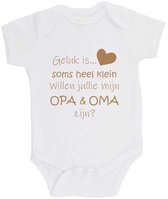 100% katoenen Romper Zwangerschap Aankondiging 2.0 "Geluk is soms heel klein willen jullie mijn OPA & OMA zijn?" Unisex Katoen Wit/cappuccino Maat 56/62