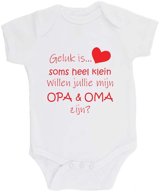 Barboteuse 100% coton Annonce de Grossesse 2.0 "Le Geluk est parfois très petit, veux-tu être mon GRAND-PÈRE et mon GRAND-MÈRE ?" Unisexe Katoen Wit/rouge Taille 68