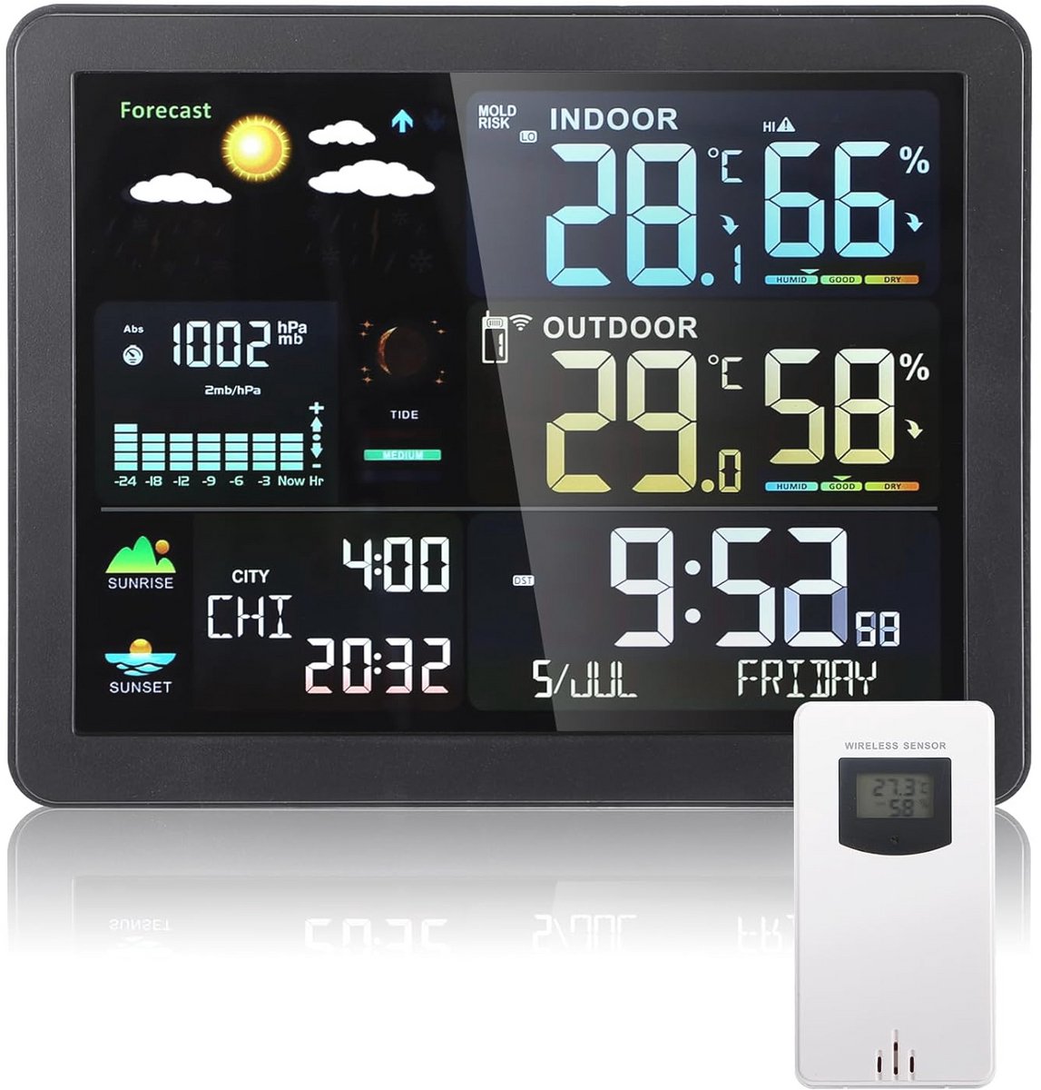 Draadloos Weerstation met Buitensensor - Temperatuurwaarschuwing, Luchtvochtigheid, Weersvoorspelling en Alarmfunctie