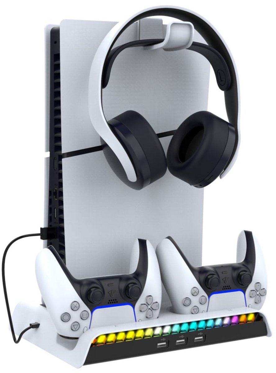 PS5 Multifunctionele Oplaadstation met Headset houder - Slim Oplaadstation - Charging dock PS5 - Met Ventilatie en RGB verlichting- Met Headset Holder - Disc en digital editie