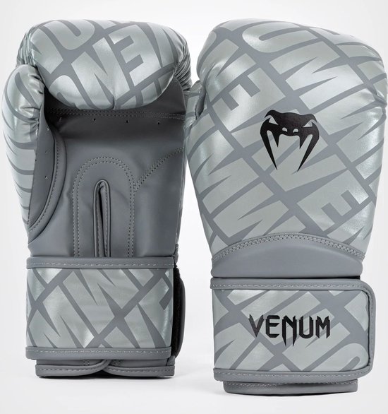 Grijze bokshandschoenen met Venum-logo en repetitief patroon. 12 OZ.